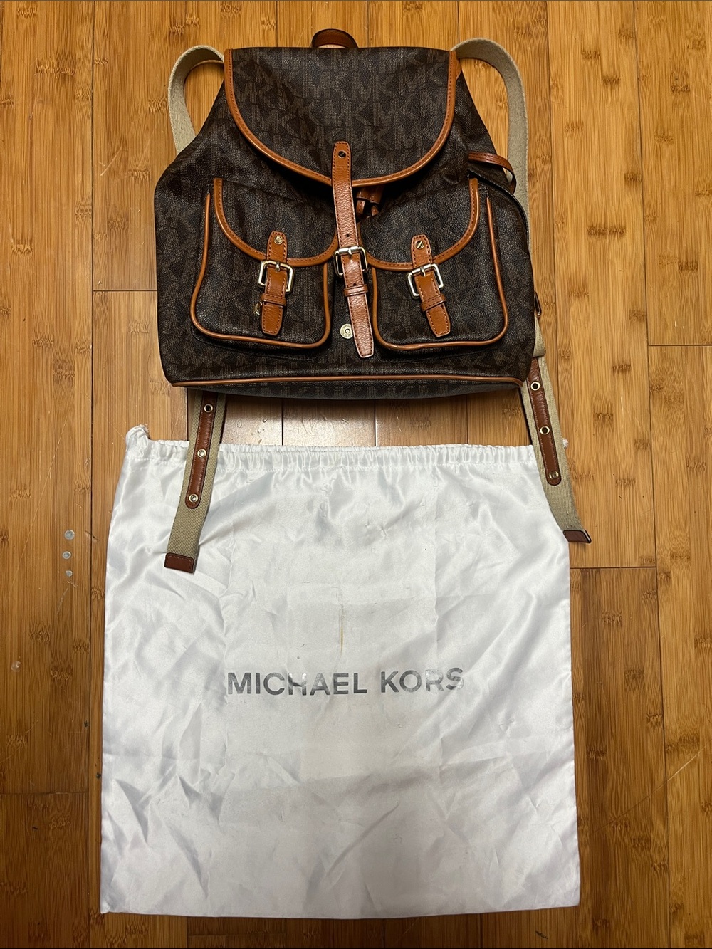 Michael Kors Brown Monogram Backpack with Tan Trim
